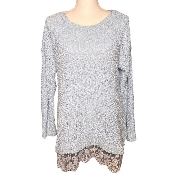 Allie Rob Size Medium Baby Blue Popcorn Chenille Tunic Sweater Lace Hem - Picture 1 of 7